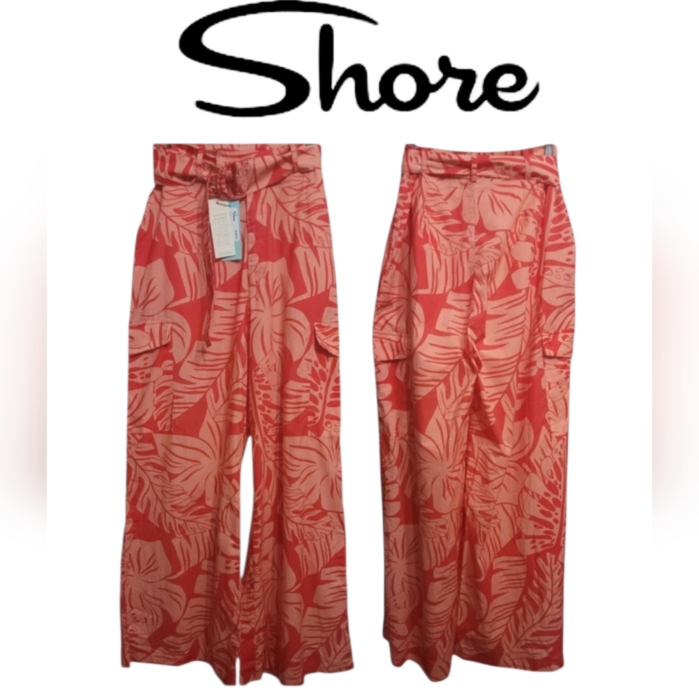 Shore Resort Wear W Dekota Cargo Pant Coral Palms With Belt High Waist Flare S - Picture 11 of 11